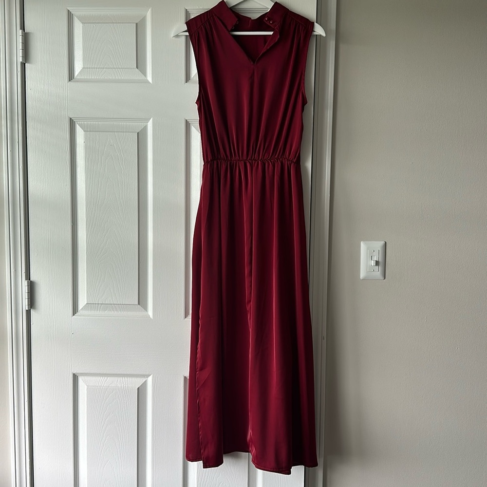 Red Mockneck Satin Formal Dress - Picture 4 of 4